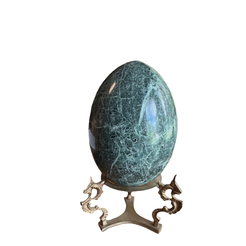 Great City Traders Polished Green Stone Egg on Brass Dragon Stand. 6 inches
